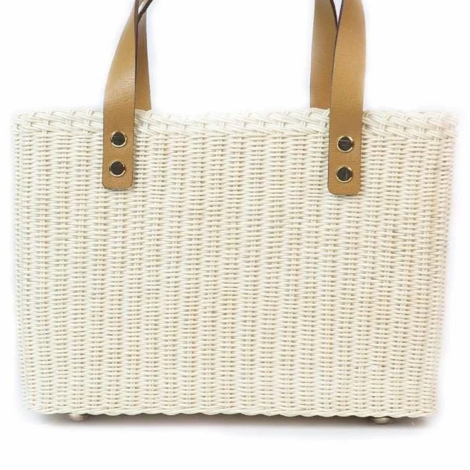 Elegant White Rattan Tote Bag with Tan Leather Handles