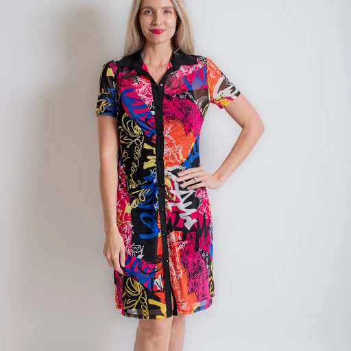 Black/ Fuchsia Abstract Print Mesh Midi Dress 6