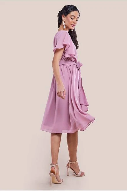 Goddiva Sustainable Flutter Sleeve Chiffon Wrap Midi Dress