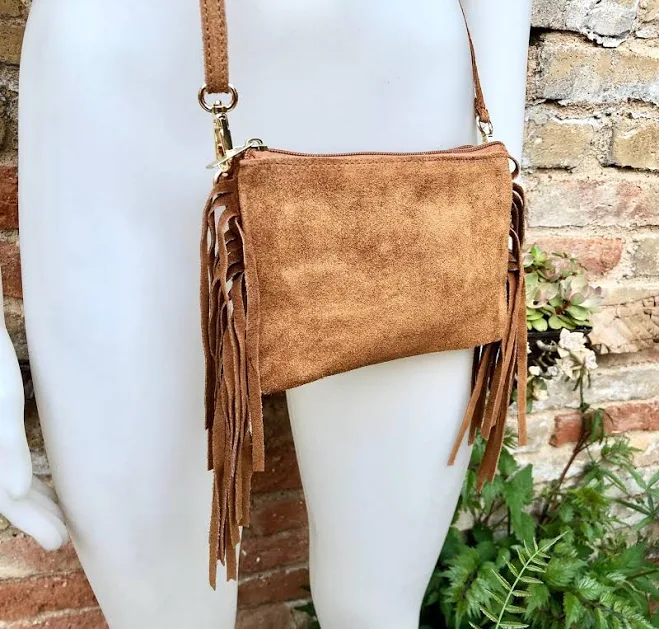 Genuine Suede Leather Crossbody Bag with Fringes