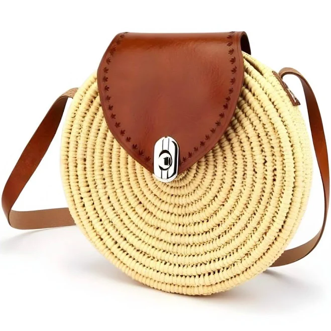Straw Crossbody Bag with Leather Flap