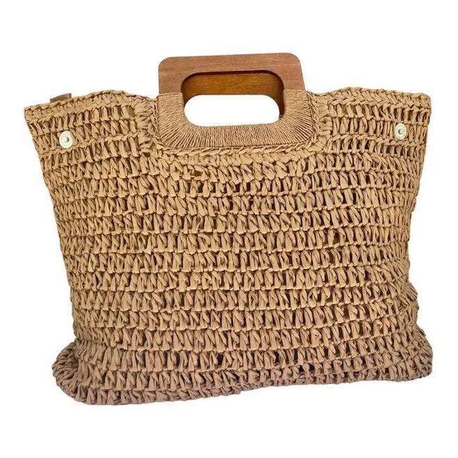 Hand-Woven Straw Handbag with Wooden Handle