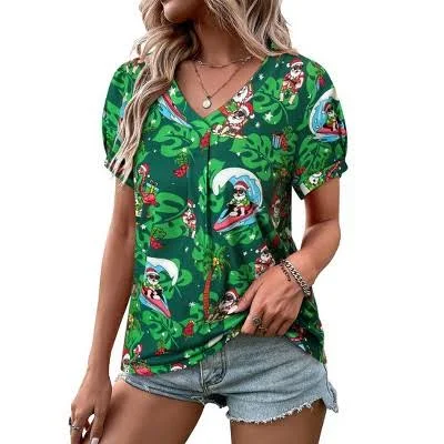 Nlife Women's Tropical Boho Floral V-Neck Puff Sleeve Blouse