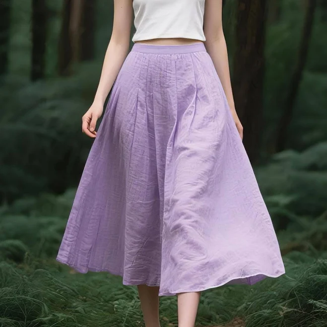 Women's Linen A-Line Flowy Midi Skirt with Pockets