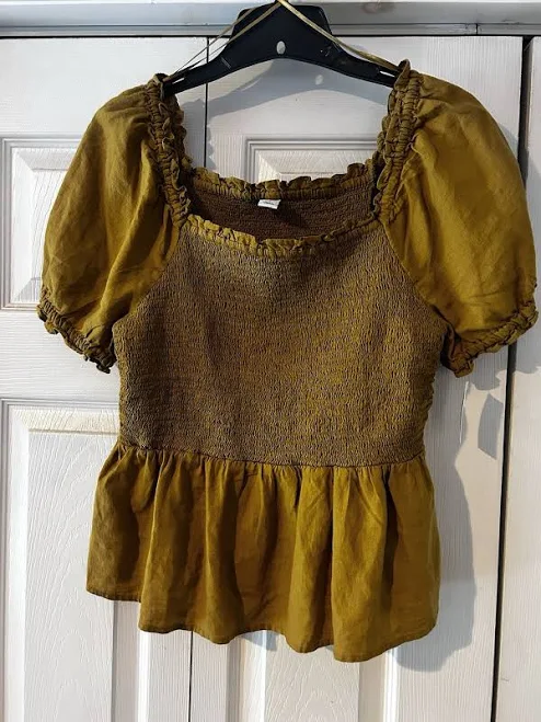 Old Navy Square Neck Smocked Puff Sleeve Top Mustard Yellow Med