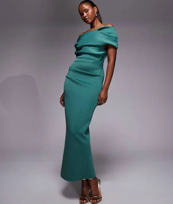 ASOS Ruched Off The Shoulder Scuba-Style Midi Dress