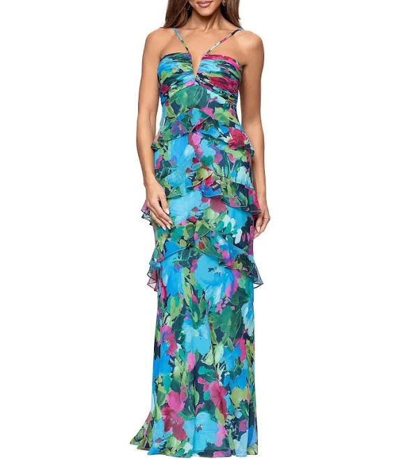 Xscape Chiffon Floral Print Tiered Ruffle Long Dress Womens
