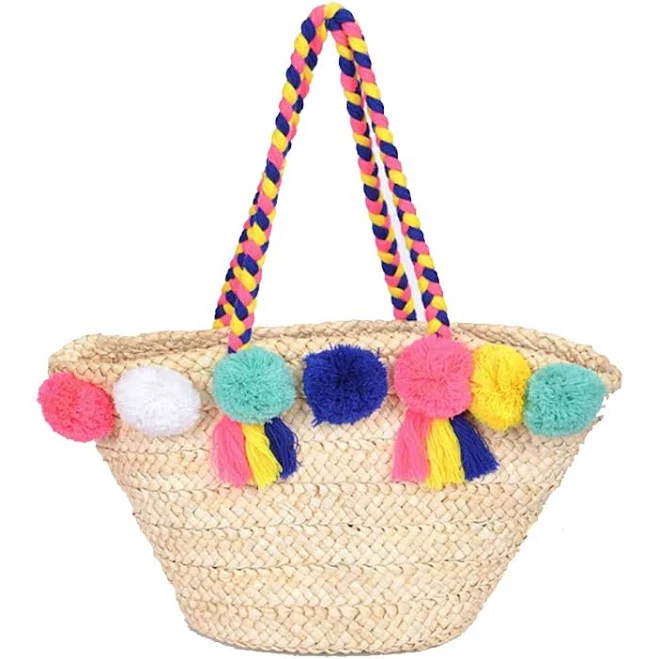 Straw Pom Pom Beach Bag