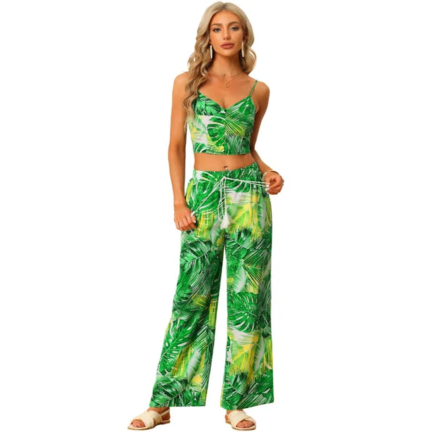 Allegra K Tropical Print Cami Crop Top and Pants Sets