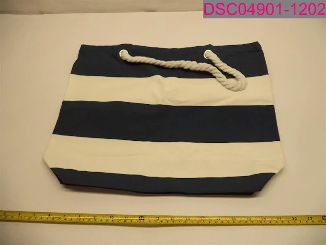 Women's Navy/white Striped Canvas Tote Bag W/ Rope Handles 13" X 14" X