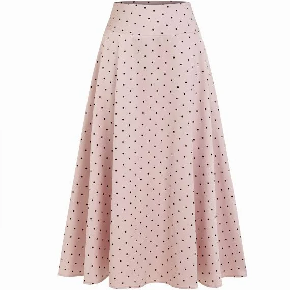 Satin Mid Rise Polka Dot Flared Maxi Skirt