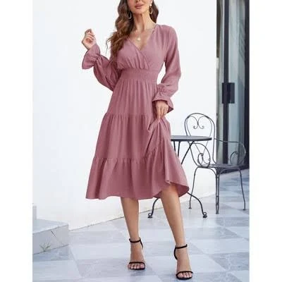 Women's Casual Wrap V Neck Long Sleeve Smocked Waist Pleated Flowy Midi