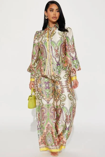 Fashion Nova Long Sleeve Satin Button Up Shirt Wide Leg Pant Set