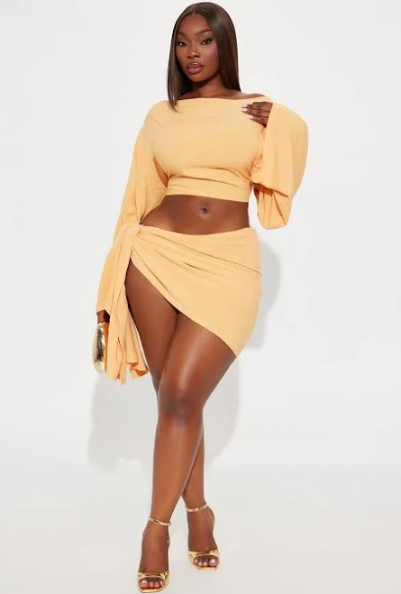 Fashion Nova Tie Waist Long Sleeve Linen Cropped Blouse Mini Skirt Set