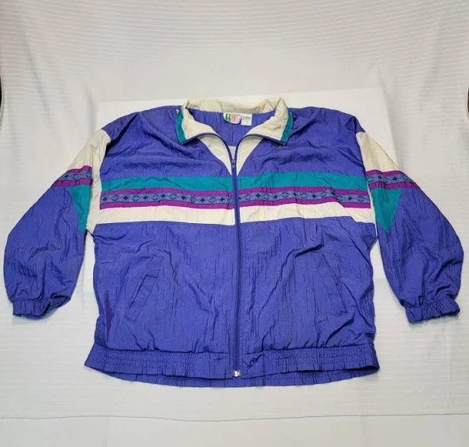 Vintage Womens 1980s Nylon Running Jacket White Teal Full Zip