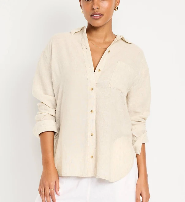 Old Navy Women's Linen-Blend Loose Button-Down Shirt
