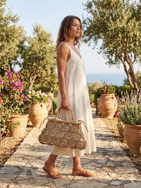 Bohemian Bamboo Handle Rattan Circle Bag