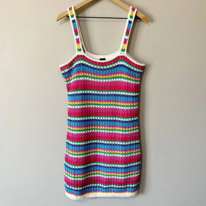 GAP Rainbow Multi Color Stripe Crochet Mini Dress Sleeveless Size Medium