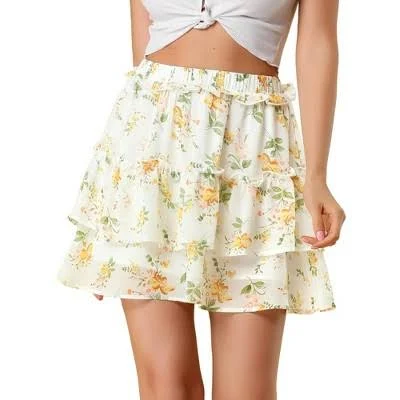 Inspire Chic Women's Layered Ruffle Hem Elastic Waist A-Line Floral