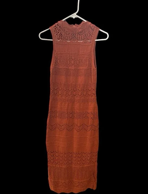 Anthropologie Rust Orange Crochet Knit Midi Dress - Size Small - Boho