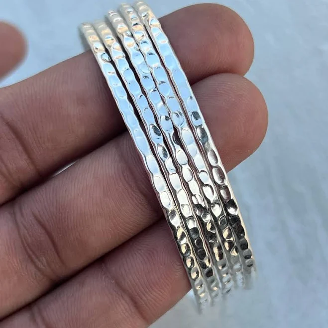 925 Sterling Silver Hammered Bangle Set of 5