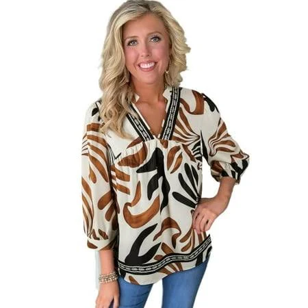 Women's Abstract Print Puff Sleeve V Neck Blouse