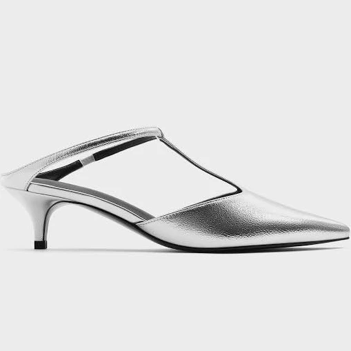 Charles & Keith Metallic T-Bar Pointed-Toe Kitten-Heel Mules