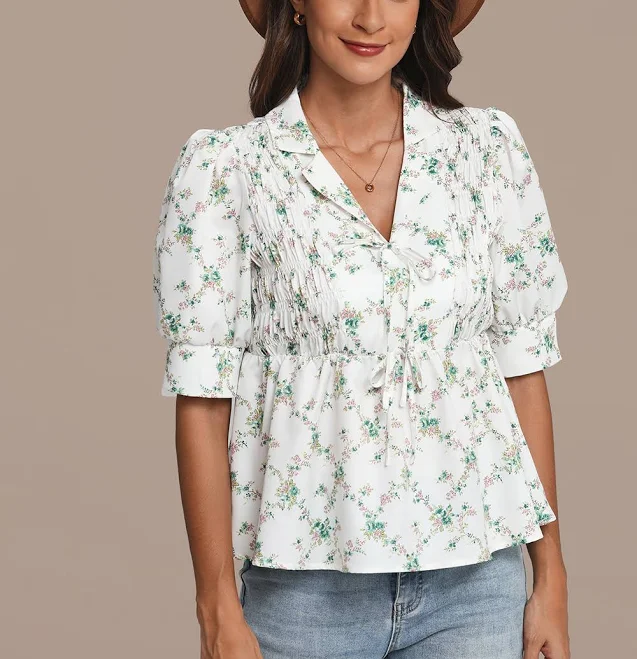 Floral V-Neck Puff Sleeve Blouse