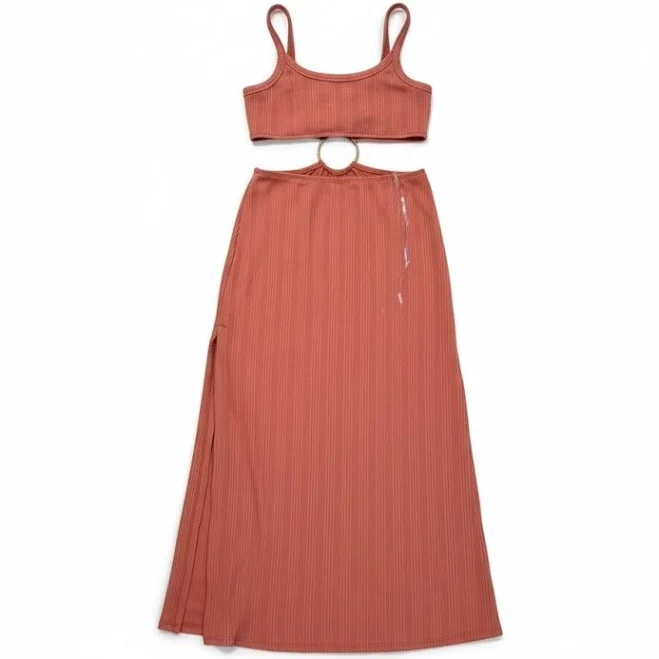 Ribbed Knit Two Piece Crop Top Midi Skirt Set Rust Orange Cutout Ring