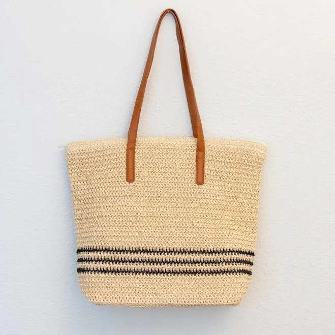 Handmade Straw Tote Bag with Faux Leather Straps