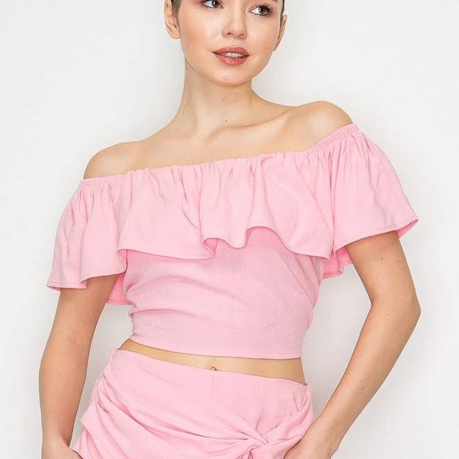 Off-Shoulder Smock Ruffled Crop Top