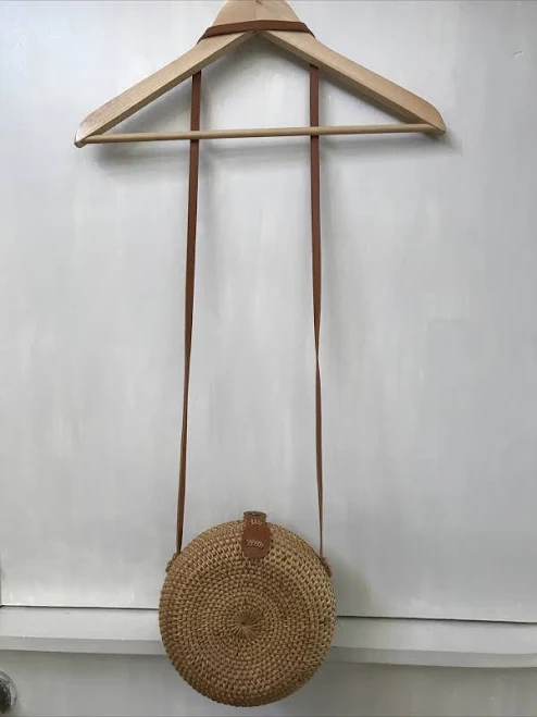 Round Rattan Wicker Canteen Style Crossbody Bag Faux Leather Strap