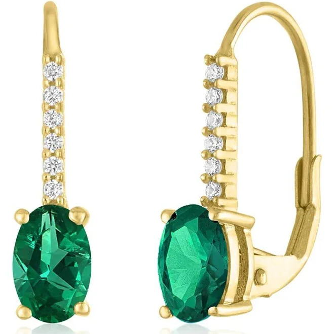 10K Yellow Gold Lab-Created Emerald Oval and Diamond Drop Earrings