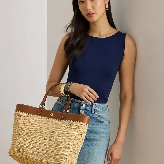 Ralph Lauren Women's Leather-Trim Straw Kyla Tote Bag