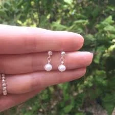 Tiny Freshwater pearl drop earrings Sterling Silver stud small pearl bridal earring pearl bridesmaid earring simple pearl wedding jewellery