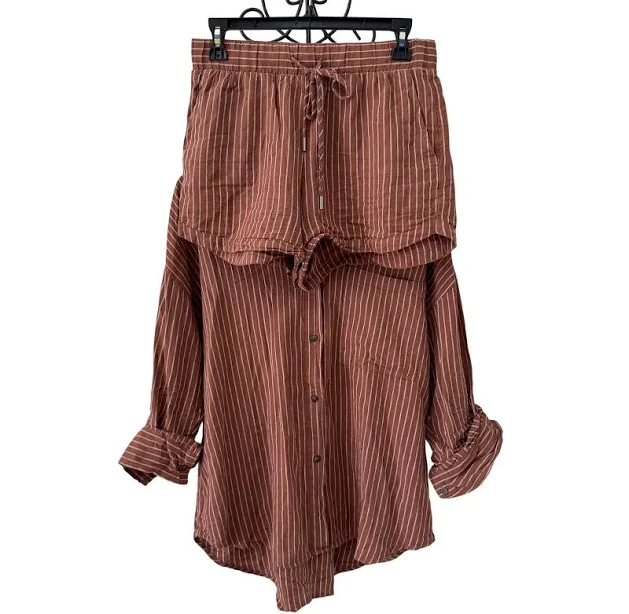 Calia Striped Linen Blend Shirt And Shorts Set M/s Rust Brown