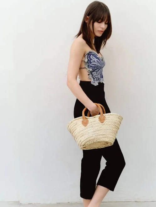 Straw Basket Bag with Leather Top Handles