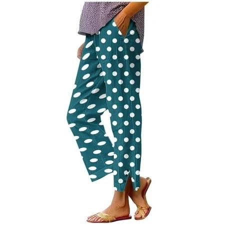 Women's Polka Dot Elastic High Waist Capri Pants with Side Split