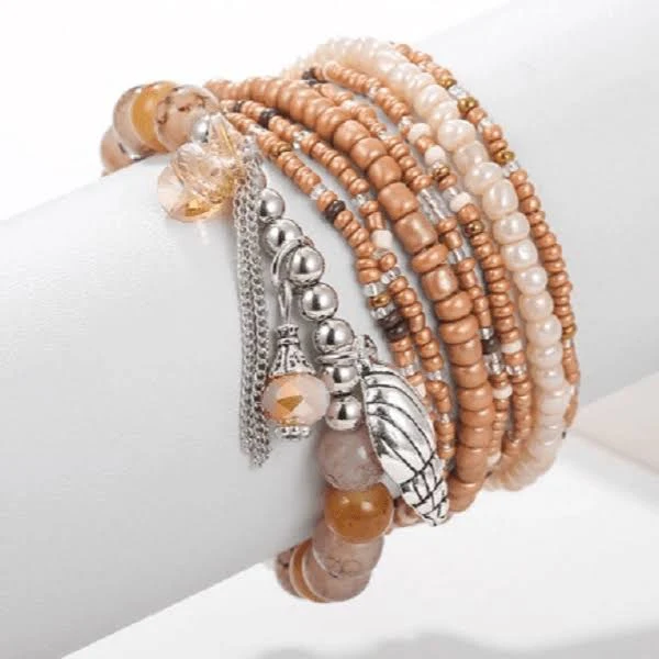 Multi-Layered Natural Stone Shell Crystal Tassel Charm Beaded Bracelets - Multiple Colors - Tan-8 Piece Set