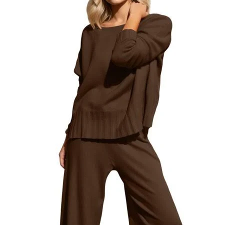 Women's Loose Fit Wide Leg Knit Trousers Set