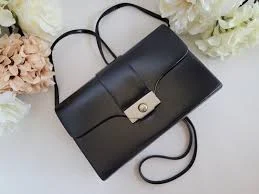Vintage Black Crossbody Purse with Silver Hardware | Faux Leather Clutch Bag with Tuck Away Strap