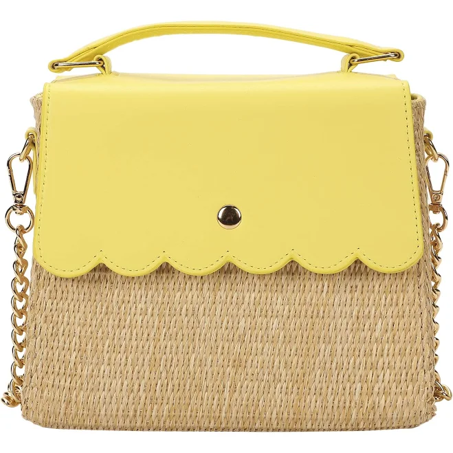 Women's Woven Straw Crossbody Bag with Faux Leather Scallop