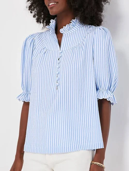 Stripe Ruffled Collar Puff Sleeve Blouse