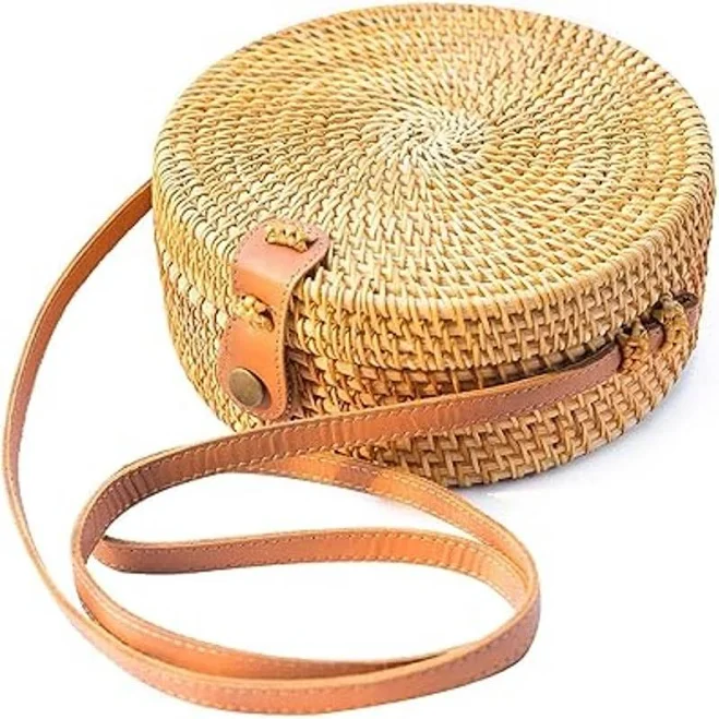 Handwoven Tan Straw Round Rattan Faux Leather Strap Crossbody Bag