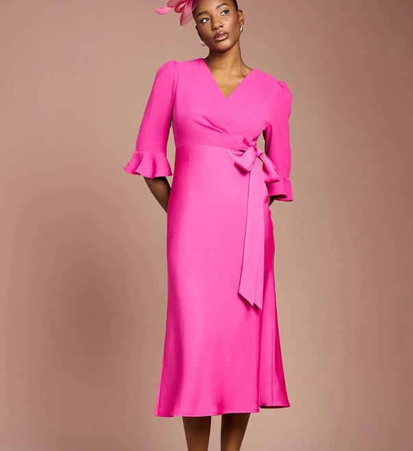 Coast Women's Ruffle Sleeve Satin Back Crepe Wrap Dress