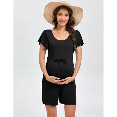 Coolmee Women's Maternity Crew Neck Short Sleeve Romper with Drawstring Waist