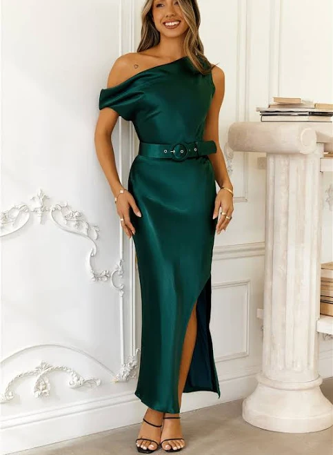 Forest Glimmer Off Shoulder Satin Midi Dress Green Size L from Hello Molly - Bridesmaid Dresses
