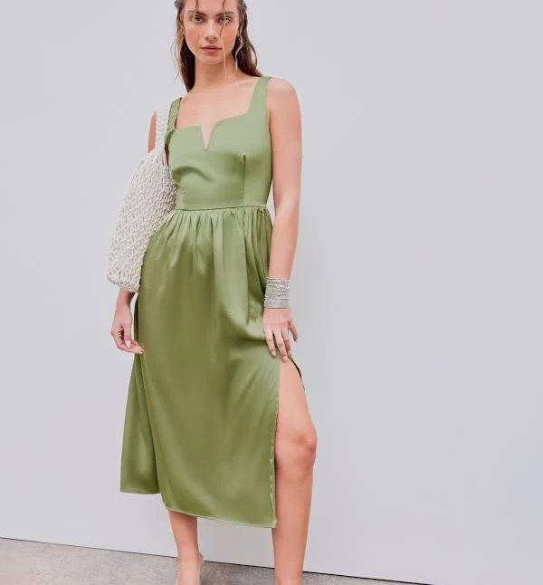 Woven Square Neck Ruffle Split Midi Dress