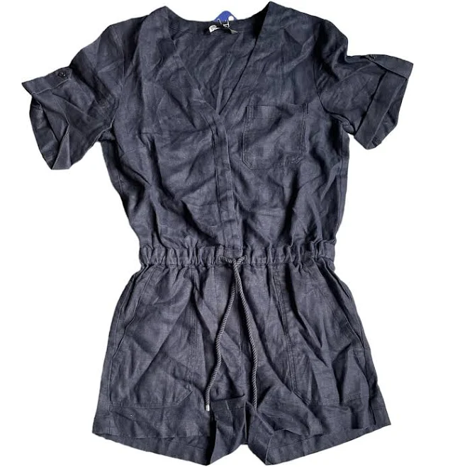 Polo Ralph Lauren Navy Women's Linen Romper Belted Short Sleeve, 0,