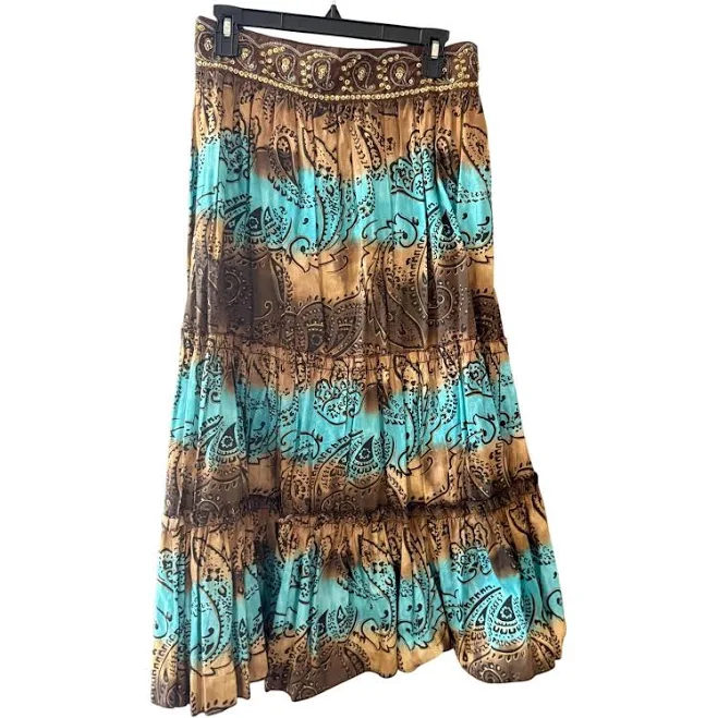 Y2kPaisley Tiered Maxi Skirt Sequin Turquoise Brown Cotton